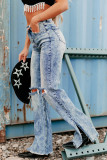 Sky Blue Vintage Distressed Split Hem Straight Leg Jeans