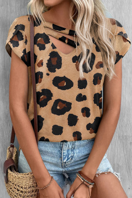 Khaki Leopard Strappy V Neck Overlap Sleeve Top