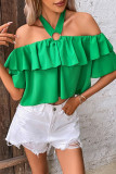 Green Off Shoulder Halter Neck Ruffle Blouse