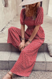Printed Squared Neck Smocked Puff Wide Leg Jumpsuit