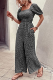 Printed Squared Neck Smocked Puff Wide Leg Jumpsuit