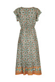 Flower Print Ruffle Sleeves Long Dress