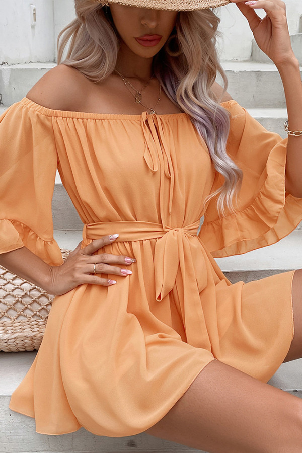 Orange CHiffon Off Shoulder Ruffle Romper