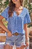 Blue V Neck Flower Splicing Top