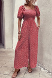 Printed Squared Neck Smocked Puff Wide Leg Jumpsuit