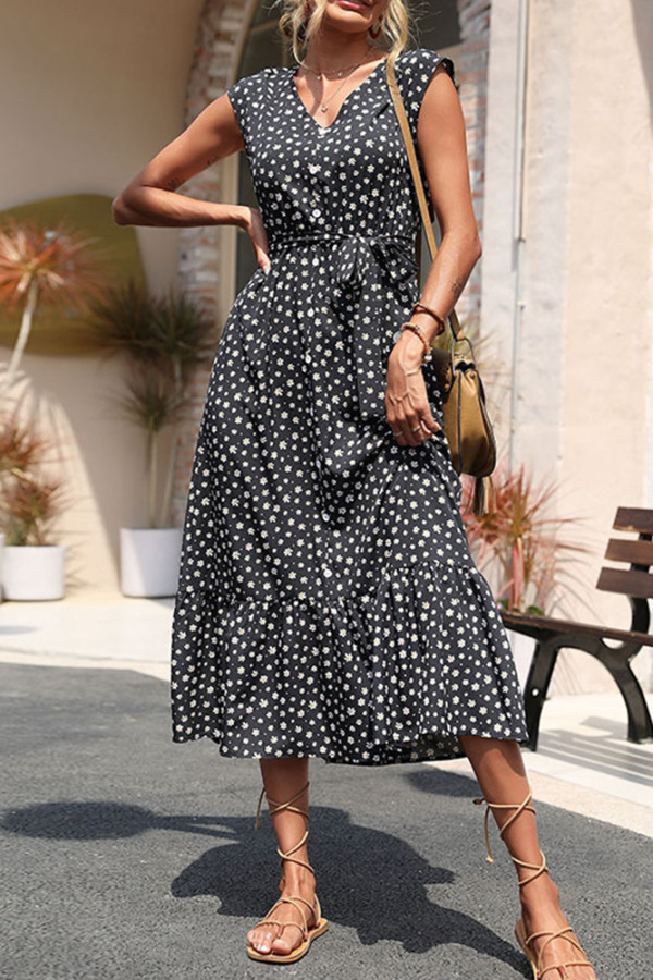 Black Floral V Neck Buttoned Maxi Dress