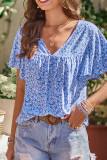 Blue V Neck Flower Splicing Top