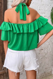 Green Off Shoulder Halter Neck Ruffle Blouse