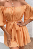 Orange CHiffon Off Shoulder Ruffle Romper