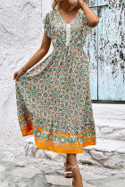 Flower Print Ruffle Sleeves Long Dress