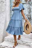 Blue Smocked Flare Sleeves Tiered Dress