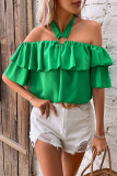 Green Off Shoulder Halter Neck Ruffle Blouse