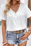 White V Neck Eyelet Pattern Buttoned Blouse Shirt