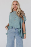 Sky Blue Ribbed Knit Batwing Sleeve Tunic Oversized T Shirt