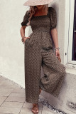 Printed Squared Neck Smocked Puff Wide Leg Jumpsuit