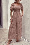 Printed Squared Neck Smocked Puff Wide Leg Jumpsuit
