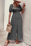 Printed Squared Neck Smocked Puff Wide Leg Jumpsuit