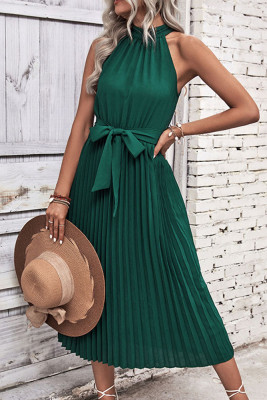 Dark Green Pleated Hlater Sleeveless Midi Dress