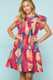 Red Abstract Geometric Print Flutter Sleeve Babydoll Dress