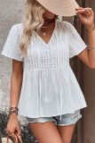 White V Neck Eyelet Buttoned Babydoll Top