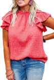 Pink Textured Flutter Sleeve Frilled Neck Plus Size Blouse