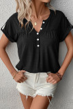 Black V-Neck Rolled Short Sleeve Henley Top