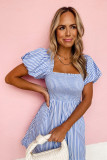Striped Print Shirred Square Neck Puff Sleeve Mini Dress