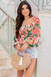 Green Abstract Floral Print Long Sleeve Peplum Blouse