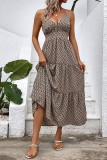 Khaki Printed V Neck Spaghetti Strap Maxi Dress
