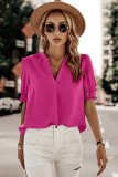 Rose Solid Color Smock Sleeve V Neck Top