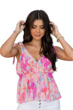 Pink Watercolor Printed Tie Straps V Neck Peplum Tank Top