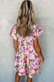 Rose Printed Crisscross Decor V Neck Flutter Sleeve Dress