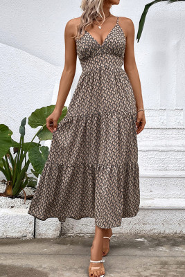 Khaki Printed V Neck Spaghetti Strap Maxi Dress