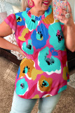 Multicolor Plus Size Watercolor Floral Print Frill Neck Blouse