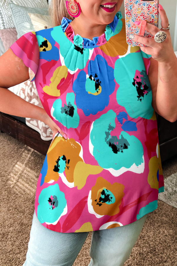 Multicolor Plus Size Watercolor Floral Print Frill Neck Blouse
