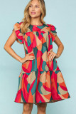 Red Abstract Geometric Print Flutter Sleeve Babydoll Dress