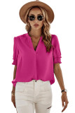 Rose Solid Color Smock Sleeve V Neck Top