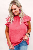 Pink Textured Flutter Sleeve Frilled Neck Plus Size Blouse