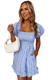Striped Print Shirred Square Neck Puff Sleeve Mini Dress