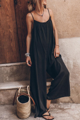 Black Frilled Neckline Backless Wide Leg Jumpsuit