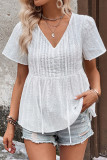 White V Neck Eyelet Buttoned Babydoll Top