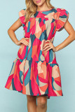 Red Abstract Geometric Print Flutter Sleeve Babydoll Dress