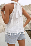 White Eyelet Pattern Fringe Halter Tank Top