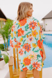 Sky Blue Floral Print Loose Half Sleeve V Neck T Shirt