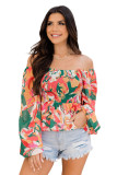 Green Abstract Floral Print Long Sleeve Peplum Blouse