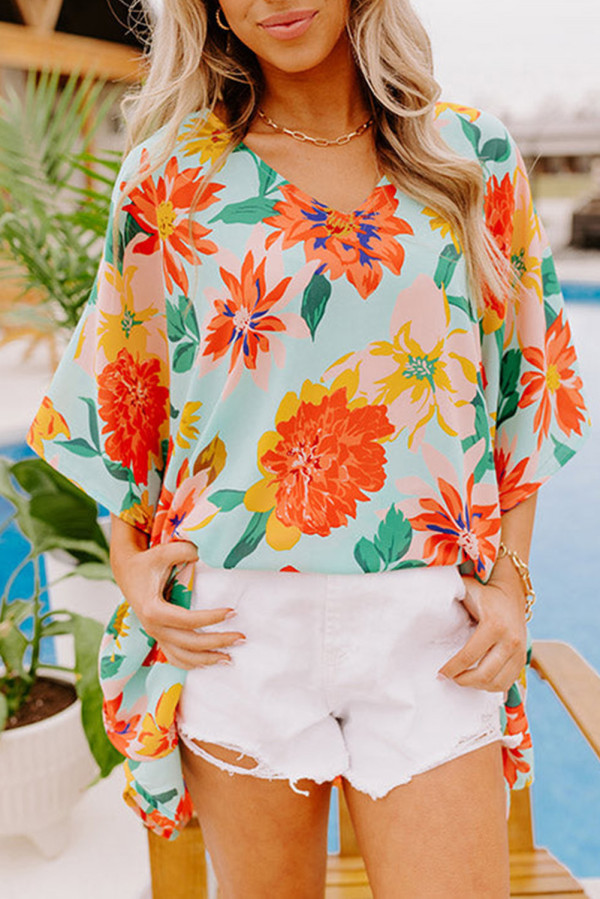 Sky Blue Floral Print Loose Half Sleeve V Neck T Shirt