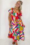 Red Abstract Print Square Neck Flowy Midi Dress