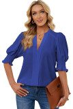 Blue Solid Color Half Sleeve V Neck Blouse