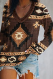 V Neck Aztec Print Long Sleeves Top