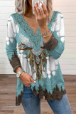 Aztec Print V Neck Lace Edge Long Sleeves Top